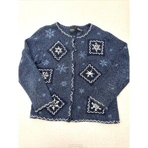 Erika Blue Winter Snowflake Design Cardigan Sweater Button Up Womens Sz PM